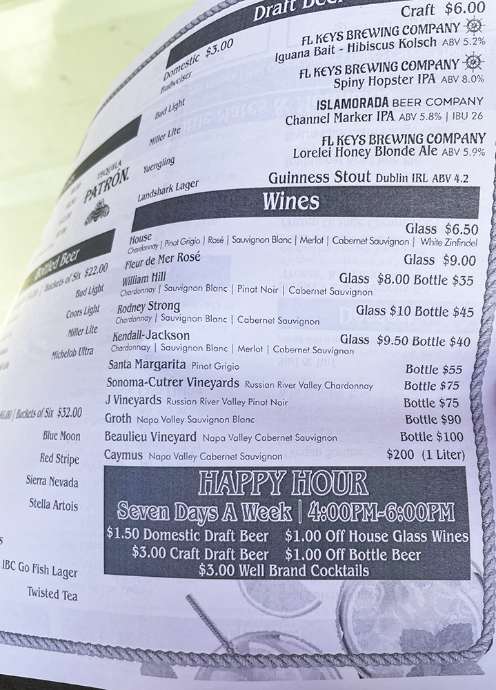 lorelei happy hour menu march 2024 islamorada florida