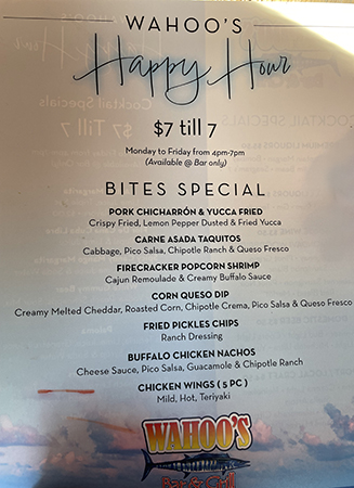 wahoo whale harbor happy hour menu food 2024 march