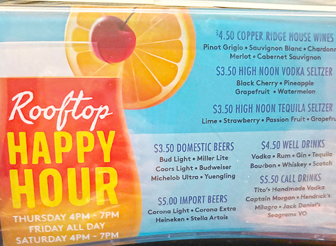 happy hour sandbar rooftop menu 2026