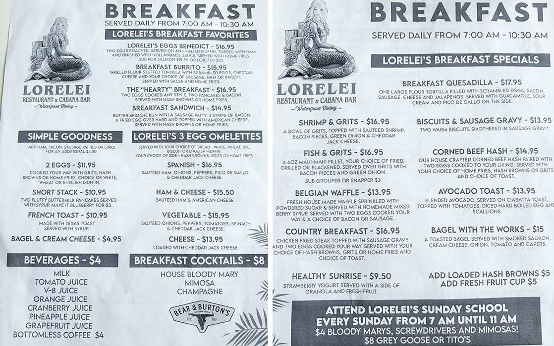Lorelei Islamorada Breakfast Menu