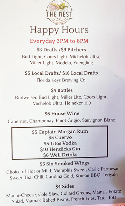 the nest islamorada happy hour 2026 march